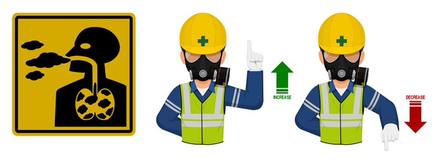 Set of industrial worker with gas mask is gesturing hand sign ( increase,decrease)