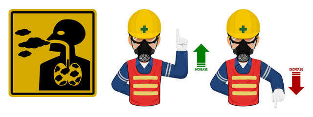 Set of industrial worker with gas mask is gesturing hand sign ( increase,decrease)