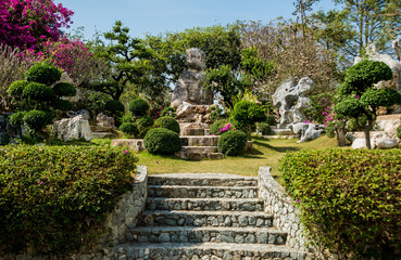 Luxury landscape design of the tropical garden. Beautiful view of tropical landscape