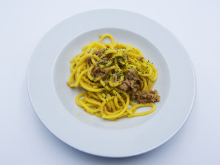 Spaghetti with tuna on white background, italian food