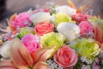 Colorful plastic flower bouquet for background