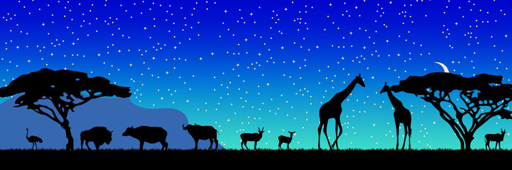 Landscape of African savannah. Silhouette of animals in wild nature