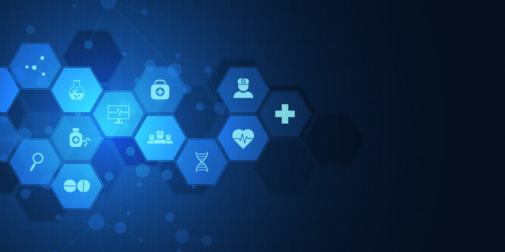 Abstract Medical Background With Flat Icons And Symbols. Concepts And Ideas For Healthcare Technology, Innovation Medicine, Health, Science And Research.