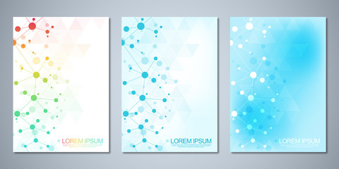 Fototapeta na wymiar Vector templates for cover or brochure, with molecules background and neural network. Abstract geometric background of connected lines and dots. Science and technology concept.