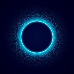 Neon circle with dots light effect on black background. Audio equalizer. Sound impulse visualization. Vector illustration.