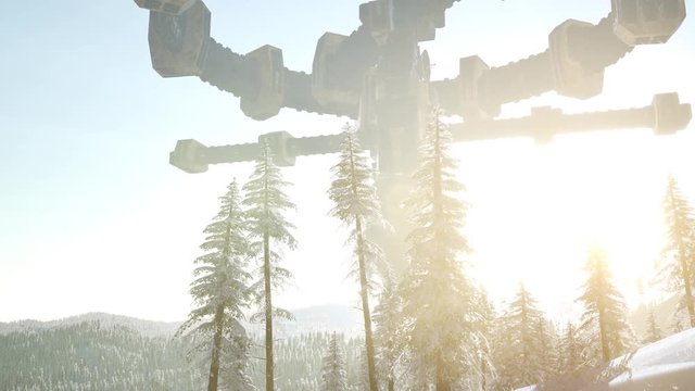 UFO hovering over a forest at sunset with light beam