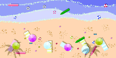 Summer sunny beach with umbrellas. Sea waves Top view. Travel, vacation, holidays concept