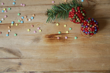 christmas decoration on wooden background with copy space for text. Top view. Flat lay.