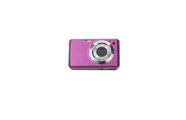 Compact pink digital camera isolated on white background. Photo video camera with screen.