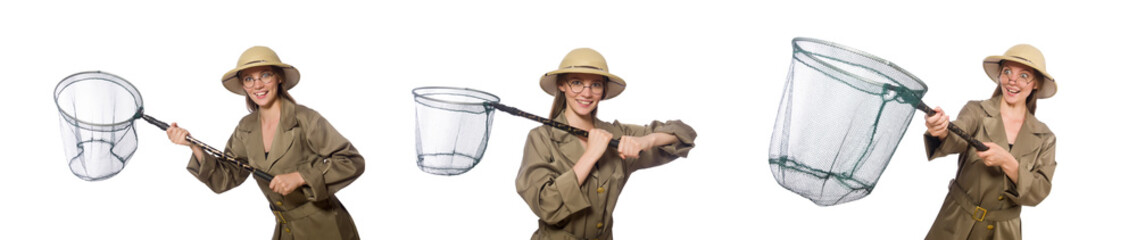 Woman wearing safari hat on white