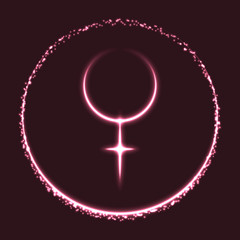 Vector abstract shiny astrological sign of Venus planet and crescent moon on dark pink background. Illustration of female symbol. Glowing Venus icon.