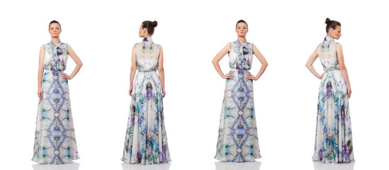 Beautiful girl in elegant long dress isolated on white