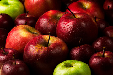 Many apples covered with water droplets. Close-up.
