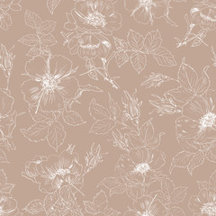Seamless floral background with rosehips. Hand-drawn pattern with flowers.
