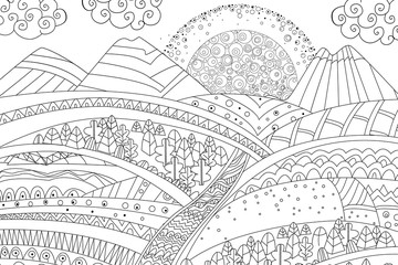 sunrise in mountain landscape for your coloring book