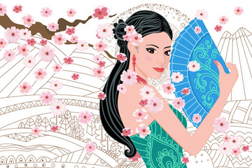 draw of landscape with Beautiful chinese girl with a fan for your design