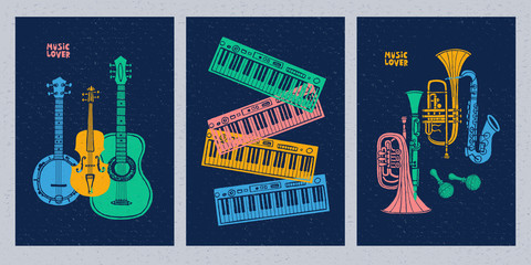 Musical instruments, guitar, fiddle, violin, clarinet, banjo, trombone, trumpet, saxophone, sax, music lover slogan graphic for t shirt design posters prints covers. Hand drawn vector illustration. © Iraida Bearlala