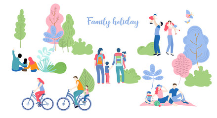Family holiday. People with kids spend weekend outdoors, walking in city park.