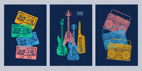 Musical instruments, electric guitar, bass guitar, keyboards, piano, tape recorder, cassette, retro, music lover slogan graphic for t shirt design posters prints covers. Hand drawn vector illustration