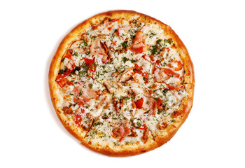Fresh tasty pizza on white background. Clipping path included. Top view.