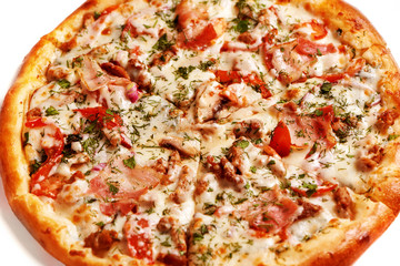 Fresh tasty pizza on white background. Clipping path included. Side view. Selective focuse.