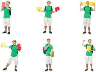 Young student with backpack and notes isolated on white 