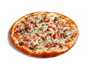 Fresh tasty pizza on white background. Clipping path included. Side view. 