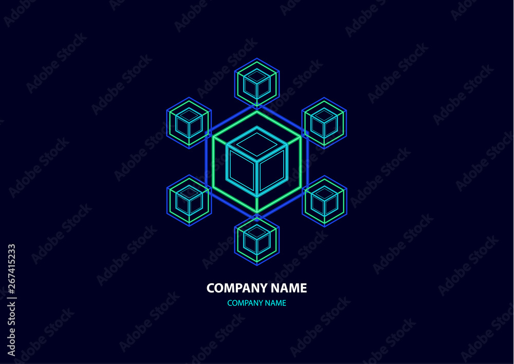 Poster company logo icon design template element. logo in the form of a hexagon, a cube in a cube on a dark
