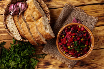 Vinegret. Traditional Russian vegetable salad. Top view. 