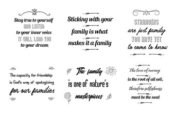 Set of Calligraphy sayings for print. Vector Quotes about Family and friendship