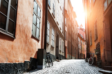 Beautiful street with colorful buildings in Old Town, Stockholm, Sweden