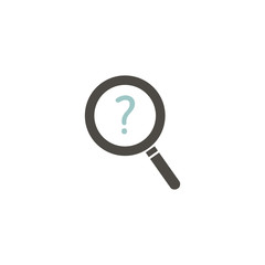 Magnifier with question mark. Vector flat icon.
