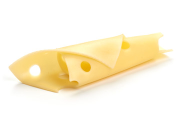 Swiss cheese slices, close-up, isolated on white background