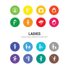 16 ladies vector icons set included woman taking a selfie, woman talking by phone, woman thinking, training, traveller, veterinarian, with baby stroller, with curls, with cute hairstyle, hat,