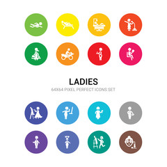 16 ladies vector icons set included woman healthy treatment, woman in art, woman in love, in medicine, politics, lawyer, make up, painting, reading, repairing, riding a motorbike icons