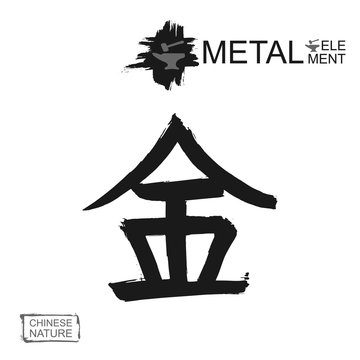 Hand drawn China hieroglyph translate metal. Vector japanese black symbol on white background. Ink brush calligraphy with stamp (in japan-hanko). Chinese calligraphic nature element wood letter icon