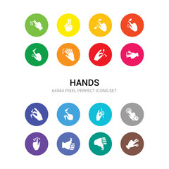 16 hands vector icons set included three fingers command, thumb down, thumbs up, touch and downward sliding gesture, touch and hold, touch and join, move gesture, scroll gesture, upward slide,