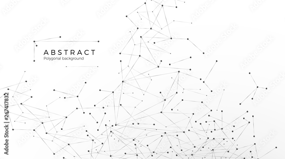 Poster Abstract particle background. Mess network. Atomic and molecular pattern. Nodes connected in web. Vector illustration isolated on white background