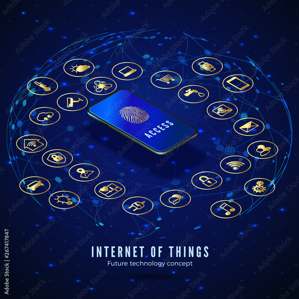 Poster iot isometric banner. internet of things. digital global ecosystem. monitoring and control smart sys