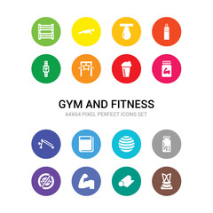 16 gym and fitness vector icons set included lumbar belt, mat, muscles, no fast food, phytonutrients, pilates ball, press, press simulator, protein, protein shake, pull up bar icons