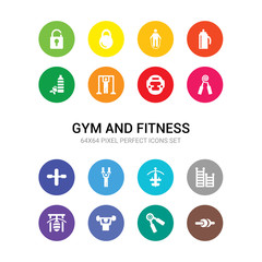 16 gym and fitness vector icons set included fitness wheel, grip, gym, gym bars, ladder, station, gymnastic rings, gymnastic roller, hand grip, headgear, horizontal bar icons