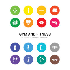 16 gym and fitness vector icons set included exercise, exercise bands, fitness, fitness ball, belt, bench, body, drink, food, gloves, heart icons
