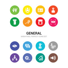 16 general vector icons set included sound control, stock prices, tape measure, team leader, team target, teenager, text chat, trackability, trackability, trend, urine test icons