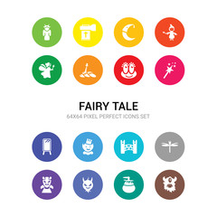 16 fairy tale vector icons set included cyclops, damsel, devil, dracula, dragonfly, drawbridge, dwarf, elf, enchanted mirror, enchantment, excalibur icons