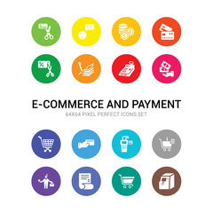 16 e-commerce and payment vector icons set included atm machine, basket, bills, broker, buy, card machine, card payment, cart, cash, cash register, cheque icons