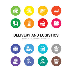 16 delivery and logistics vector icons set included open box, operator, order, package, package checking, package on trolley, packages, pallet, parcel, post office, postbox icons