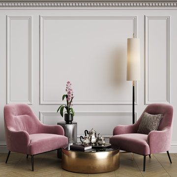Cassic interior with pink armchair and floor lamp