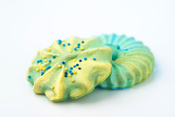 Closeup Freshly baked dessert meringues marshmallow zephyr cake isolated on white