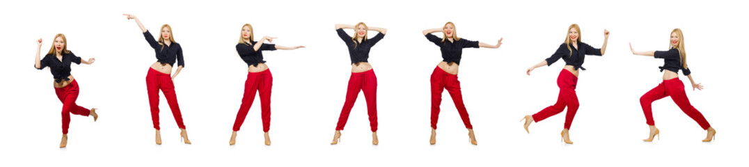 Woman in red pants isolated on white