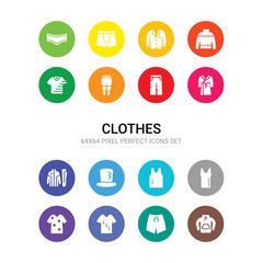 16 clothes vector icons set included sweatshirt, swim shorts, t shirt, t-shirt, tank top, tanktop, top hat, tracksuit, trench coat, trouser, trousers icons
